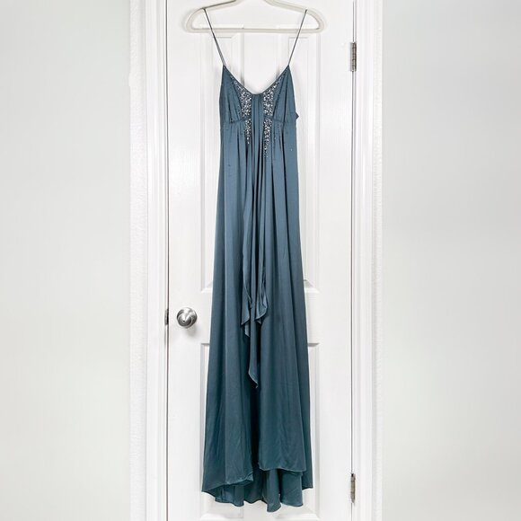 Banana Republic Monogram Silk Maxi Dress Womens 4 Blue Beaded V-Neck Formal Gown - Picture 1 of 8